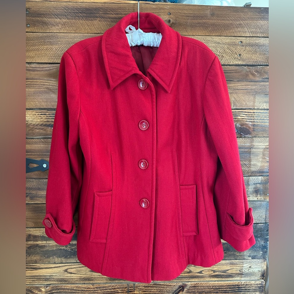 Anne Klein Red Wool Blend Coat XL Classic Tailored Winter Jacket